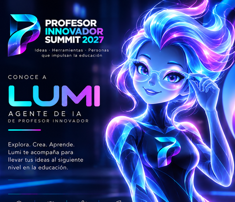 LUMI, Agente de IA de Profesor Innovador, con lentes, cabello luminoso y el emblema original de la P